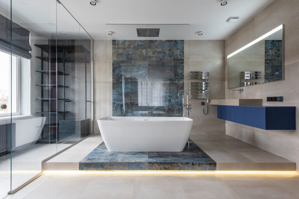 Modern bathroom interior with a freestanding tub
